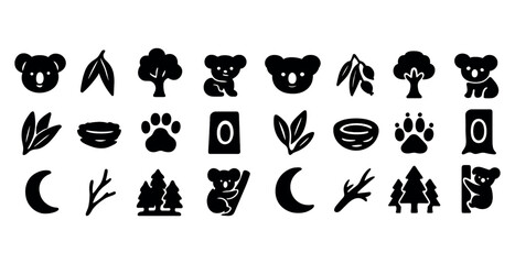 Naklejka premium Koala and nature silhouettes: trees, leaves, paw prints, moons