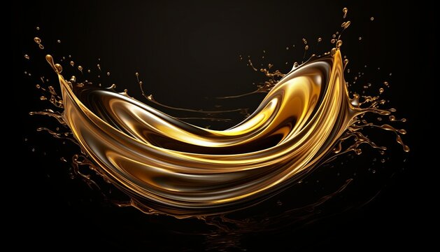 Liquid gold splash on black. Gold background as luxury glamor beauty concept for cosmetics or fashion. Generative AI. center composition to place item or logo.