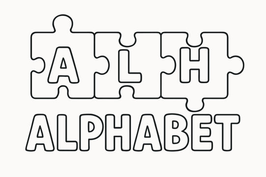 Alphabet Puzzle Coloring. Alphabet puzzle children?s coloring book illustration, outlined drawing, large puzzle pieces each showing a letter of the alphabet