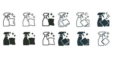 Cleaning supplies icon set featuring spray bottles and cloths