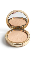 Compact powder compact with mirror reflection isolated on white background.