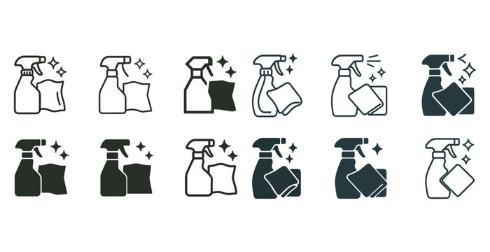 Cleaning supplies icon set featuring spray bottles and cloths