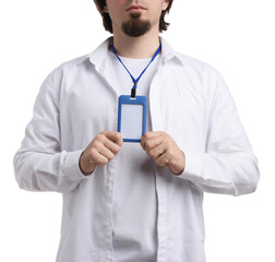 Man showing blank badge on white background, closeup