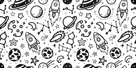 Seamless space pattern with rockets planets stars and constellations