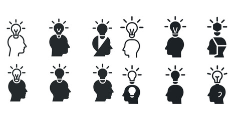 Creative concept icons: light bulb and head silhouettes illustrating ideas and innovation