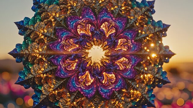 A colorful mandala ornament glimmers in the fading sunlight, showcasing intricate patterns and vibrant colors. The ornament radiates energy and beauty in the serene evening scene.