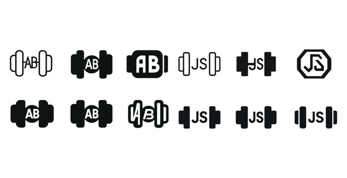 Set of gym dumbbell and initial logos in black and white - Powered by Adobe