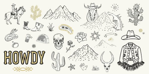 Hand drawn western elements collection with cowboy mountains and cacti