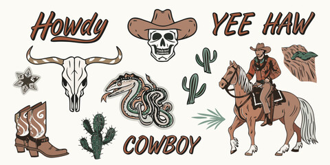 Western cowboy illustration collection with skull snake cactus and cowboy on horse