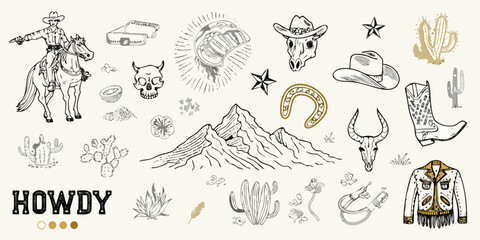 Hand drawn wild west elements collection with cowboy skull cactus and mountains