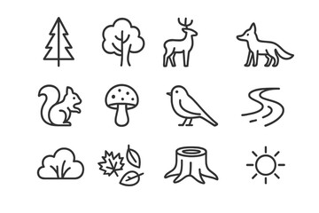 Forest Nature Icons. Forest nature. Line icon set of forest nature: pine tree, oak tree, deer, fox, squirrel, mushroom, bird, river, bush, fallen leaves, tree