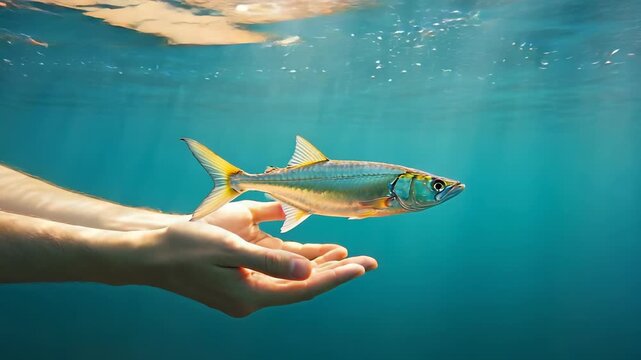 Underwater Shot of a Ladyfish Held Gently in Human Hands, Clear Blue Water, Conservation and Respect for Marine Life