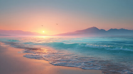 Breathtaking serene seascape at sunrise or sunset. Turquoise ocean waves wash onto sandy beach with soft colors, distant misty mountains, birds flying overhead. Tranquil, nature and travel background.