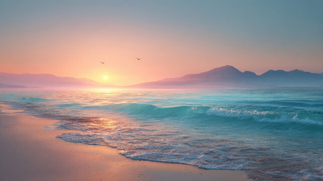 Breathtaking serene seascape at sunrise or sunset. Turquoise ocean waves wash onto sandy beach with soft colors, distant misty mountains, birds flying overhead. Tranquil, nature and travel background. - Powered by Adobe