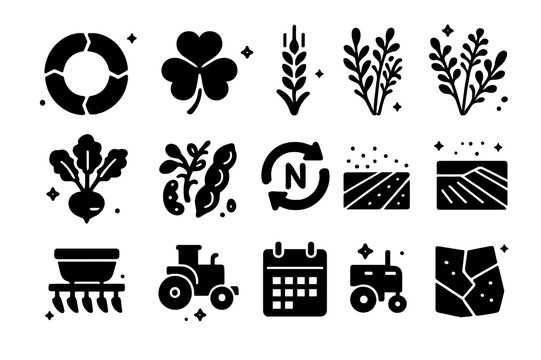 Crop Rotation Icons. Crop rotation and cover crops. Solid icons set of Crop rotation and cover crops: rotation wheel chart, clover cover crop, rye cover crop,