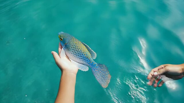 Person Holding a Colorful Parrotfish in Turquoise Water, Tropical Fish Conservation, Marine Life Encounter, Sustainable Tourism, Ocean Awareness