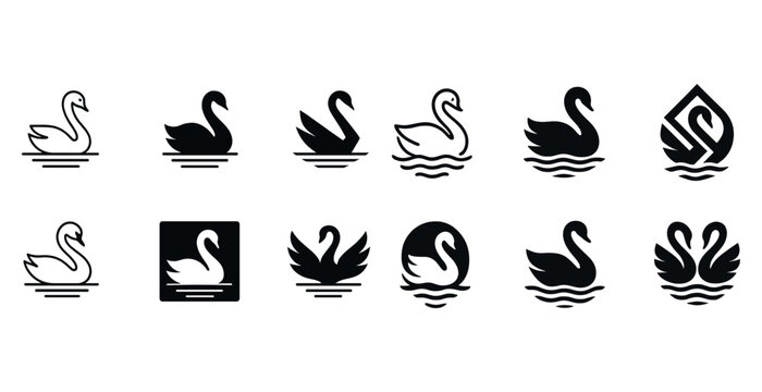 Elegant swan icons set: minimalist black and white silhouettes and designs