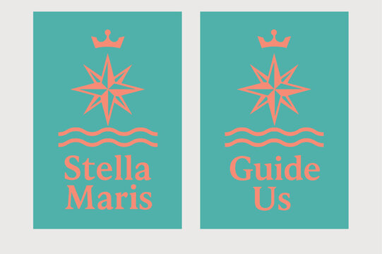 Stella Maris Banners. Star of the Sea. Two vertical A6 banners with safe margins, centered composition, no elements touching edges, modern, turquoise and