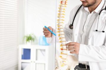 Doctor with human spine model in hospital, closeup. Space for text