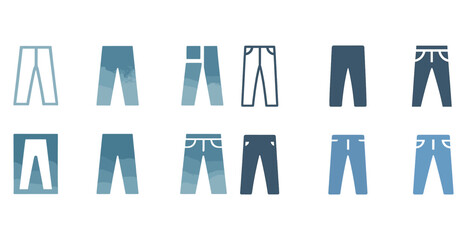 Set of twelve stylized blue jeans icons in various patterns and shades