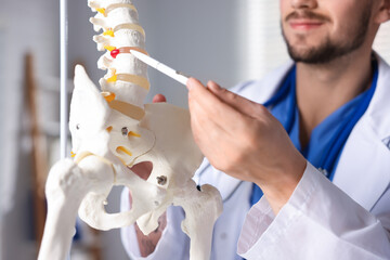 Doctor with human spine model in hospital, closeup