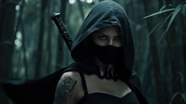 A mysterious and powerful female warrior stands in a dark, atmospheric bamboo forest. Dressed in a black hooded cloak and mask, her intense eyes gaze forward. A sword is sheathed on her back, and an i