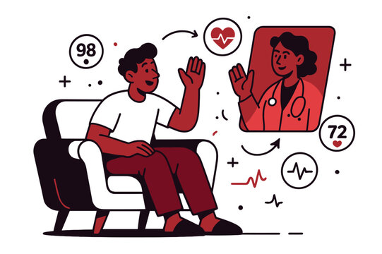Virtual Health Connection. Telemedicine care. Patient on a sofa waves at a clinician on a holographic call; floating icons show vitals streaming live. Comfort