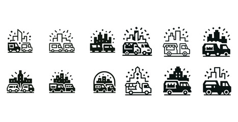 City food trucks and urban skyline icons set