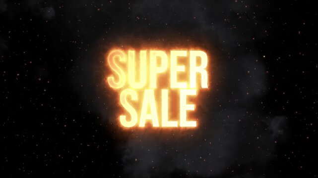 A dynamic Super Sale text title is revealed by an initial blast effect on a black background, with neon light waves immediately flowing over the text.