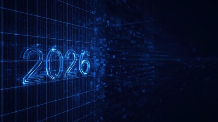 The year '2026' rendered in glowing, gold neon tubes with a reflective surface beneath. Perfect for New Year, futuristic, and celebration themes.