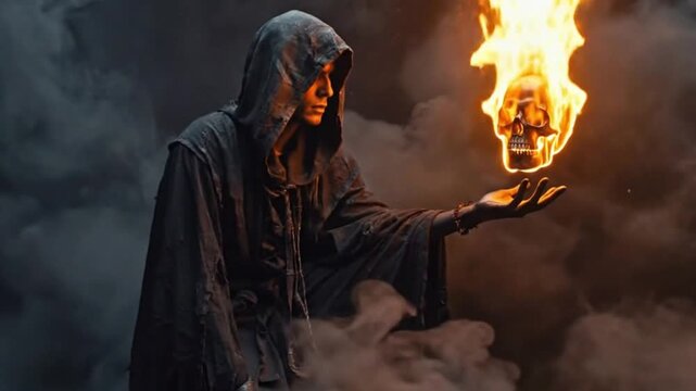 A powerful sorcerer in a dark, hooded cloak stands amidst swirling smoke, performing a mystical ritual. A flaming skull levitates above their hand, casting an ominous glow on this dramatic fantasy sce