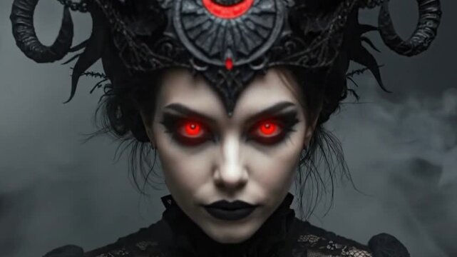 A powerful sorceress with glowing red eyes stares from a smoky void. Wearing an ornate headdress with horns and gothic makeup, her intense gaze conveys magic, evil, and fantasy. Perfect for trailers, 