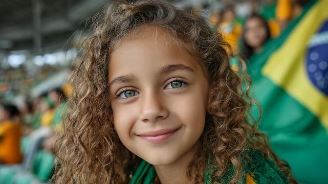 Portrait of a Cheerful Young Girl with Curly Hair Supporting Brazil at a Sporting Event, Stadium Crowd, Brazilian Flag.