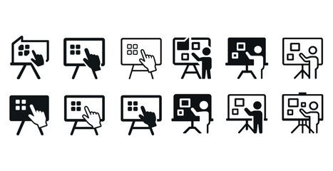 Icon set of presentation boards and hands: interactive design elements