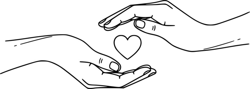 Two hands reaching towards each other, connected by a single line forming a heart shape