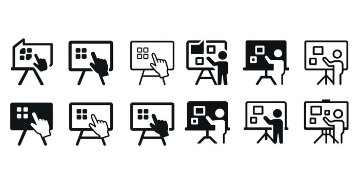 Icon set of presentation boards and hands: interactive design elements
