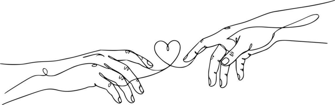 Two hands reaching towards each other, connected by a single line forming a heart shape