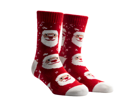 Full-length red and white Christmas socks with embroidered Santa motifs on invisible mannequin, soft wool-blend ribbed cuffs, cozy festive calf-length winter accessories