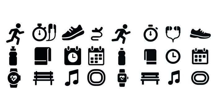 Running and fitness icons: stopwatch, shoes, calendar, heart rate, music