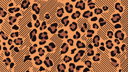 A seamless leopard print pattern featuring bold black and brown spots on an orange background. The modern, hand-drawn style creates a stylish, wild, trendy animal-print design suitable for fashion.