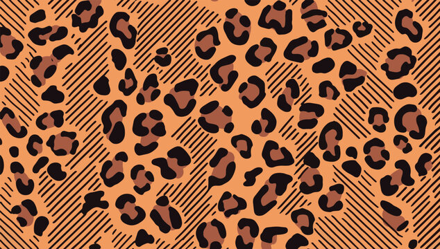 A seamless leopard print pattern featuring bold black and brown spots on an orange background. The modern, hand-drawn style creates a stylish, wild, trendy animal-print design suitable for fashion.