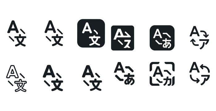 Language symbols: diverse translation icons in black and white