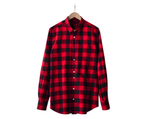 Full-length red and black buffalo check shirt hanging upright, smooth cotton with slim tailored fit, crisp collar and button placket, minimalist plaid fashion on white background