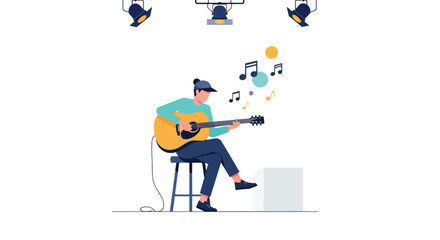 Flat vector guitarist performing acoustic music on stage with floating notes and clean lighting. Ideal for concert posters, music blogs, learning materials, and creative promotions