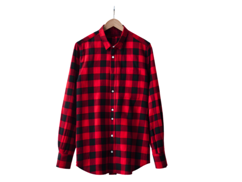 Full-length red and black buffalo check shirt hanging upright, smooth cotton with slim tailored fit, crisp collar and button placket, minimalist plaid fashion on white background