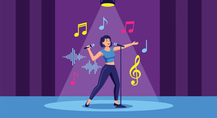 Flat vector singer holding microphone under spotlight with energetic pose. Ideal for music events, vocal lessons, concert promotions, and entertainment content