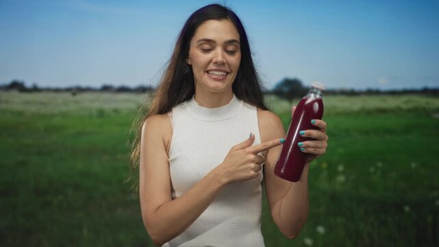 Young woman holds a red juice bottle and points finger to bottle in forest; refreshment energy boost vitality.