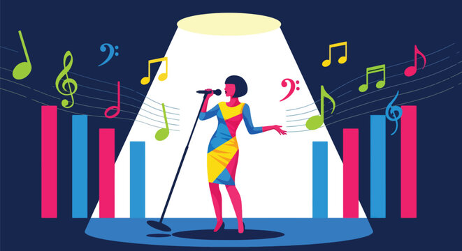 Flat vector singer holding microphone under spotlight with energetic pose. Ideal for music events, vocal lessons, concert promotions, and entertainment content
