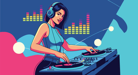 Flat vector DJ mixing tracks on turntables with equalizer bars and headphones. Ideal for party posters, EDM promotions, club event graphics, and music festival materials