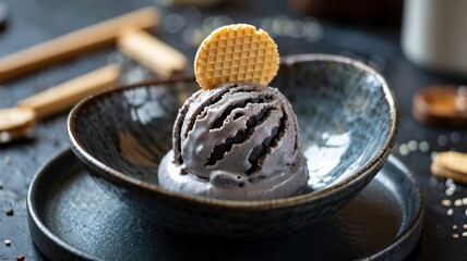 Naklejka premium Sleek modern close-up of black sesame ice cream scoop with waffle cookie